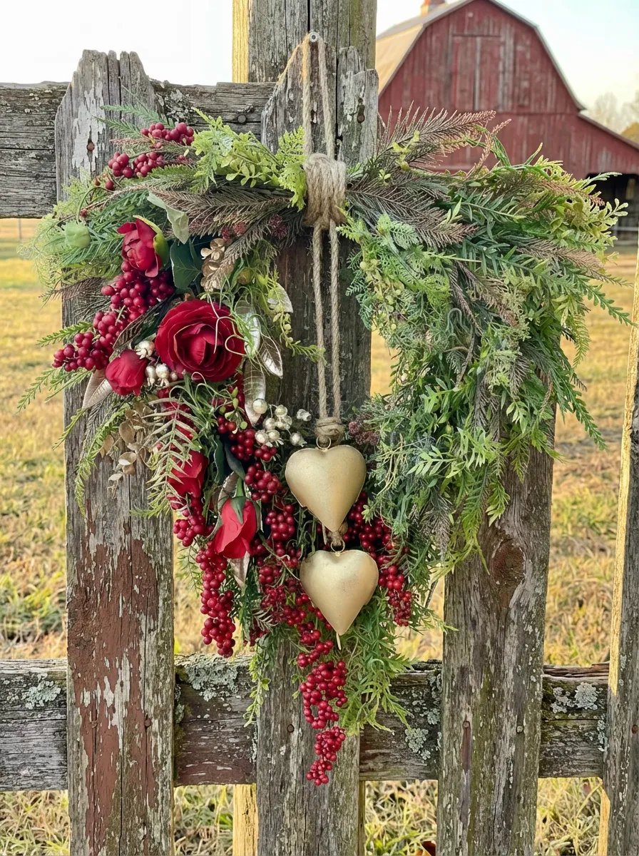 🏆Valentine's Day Pre-Sale Save 70%❤️ Farmhouse Valentine Heart Wreath: Gold Bells, Red Roses & Berries🎉