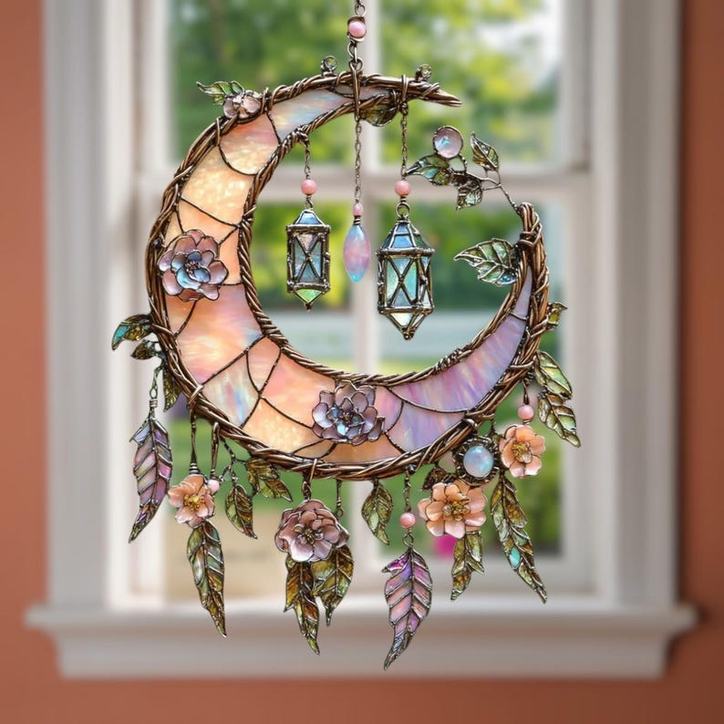 🔥🔥New Year Gift--🌙Hand-Painted Moon and Floral Window Decor💖--2D Acrylic