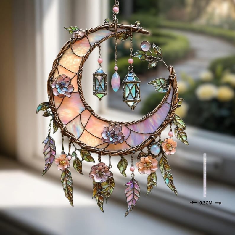 🔥🔥New Year Gift--🌙Hand-Painted Moon and Floral Window Decor💖--2D Acrylic